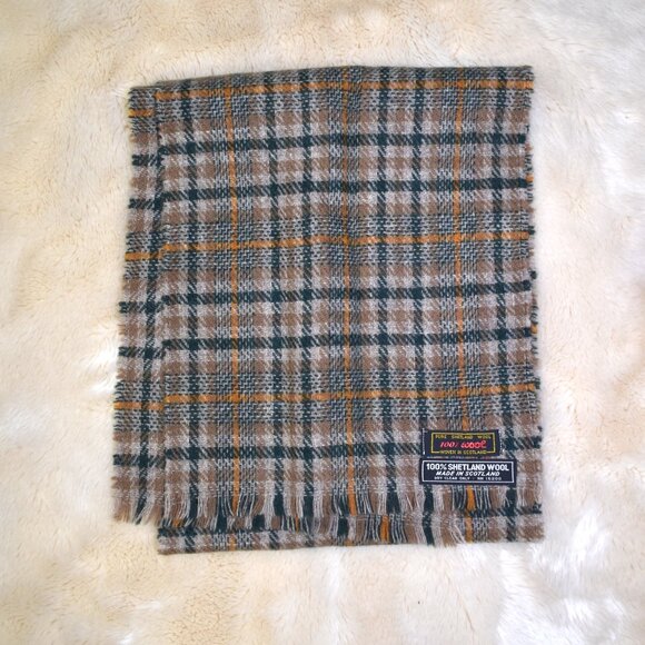 Vintage Shetland Wool Scarf Plaid Brown Green Made In Scottland - Picture 5 of 8